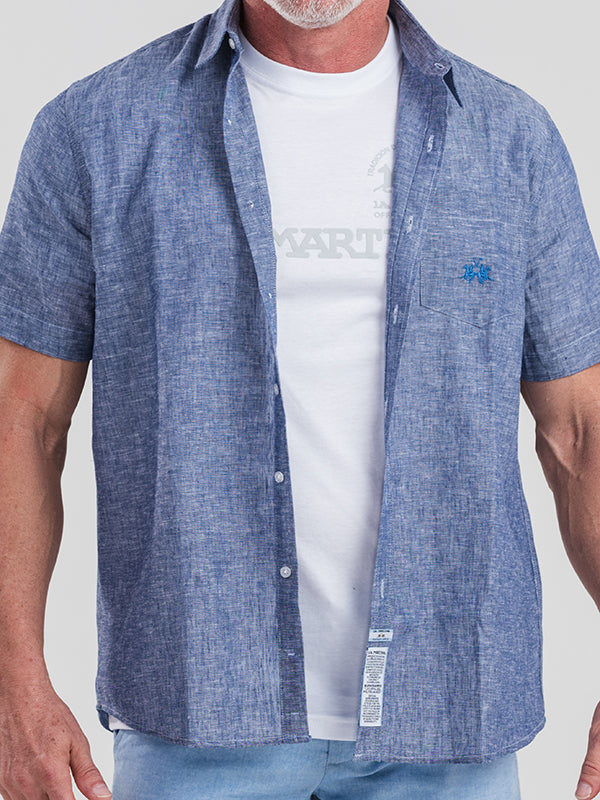 Camisa Mc Linho Regular Fit Basica Com Bolso - Azul Marinho