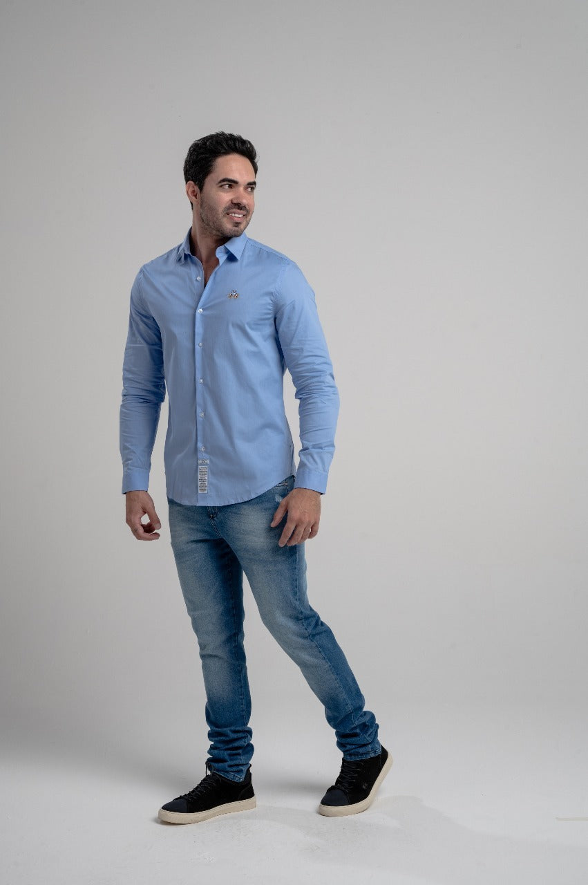 Camisa Ml Galles Stretch Slim - Azul