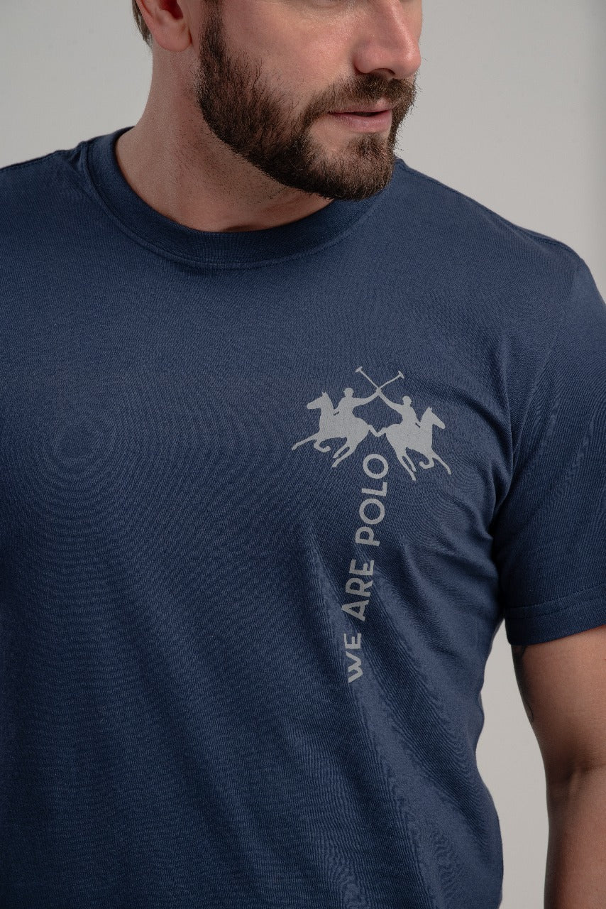 Camiseta Mc Meia Malha Regular Fit Basica Estampa Azul Marinho
