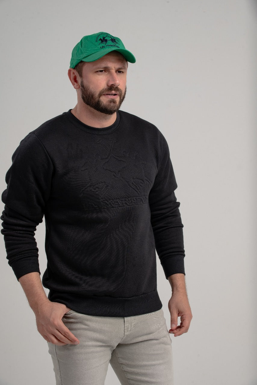 Blusa Moletom Gola Careca Basico Logo Embossed - Preto