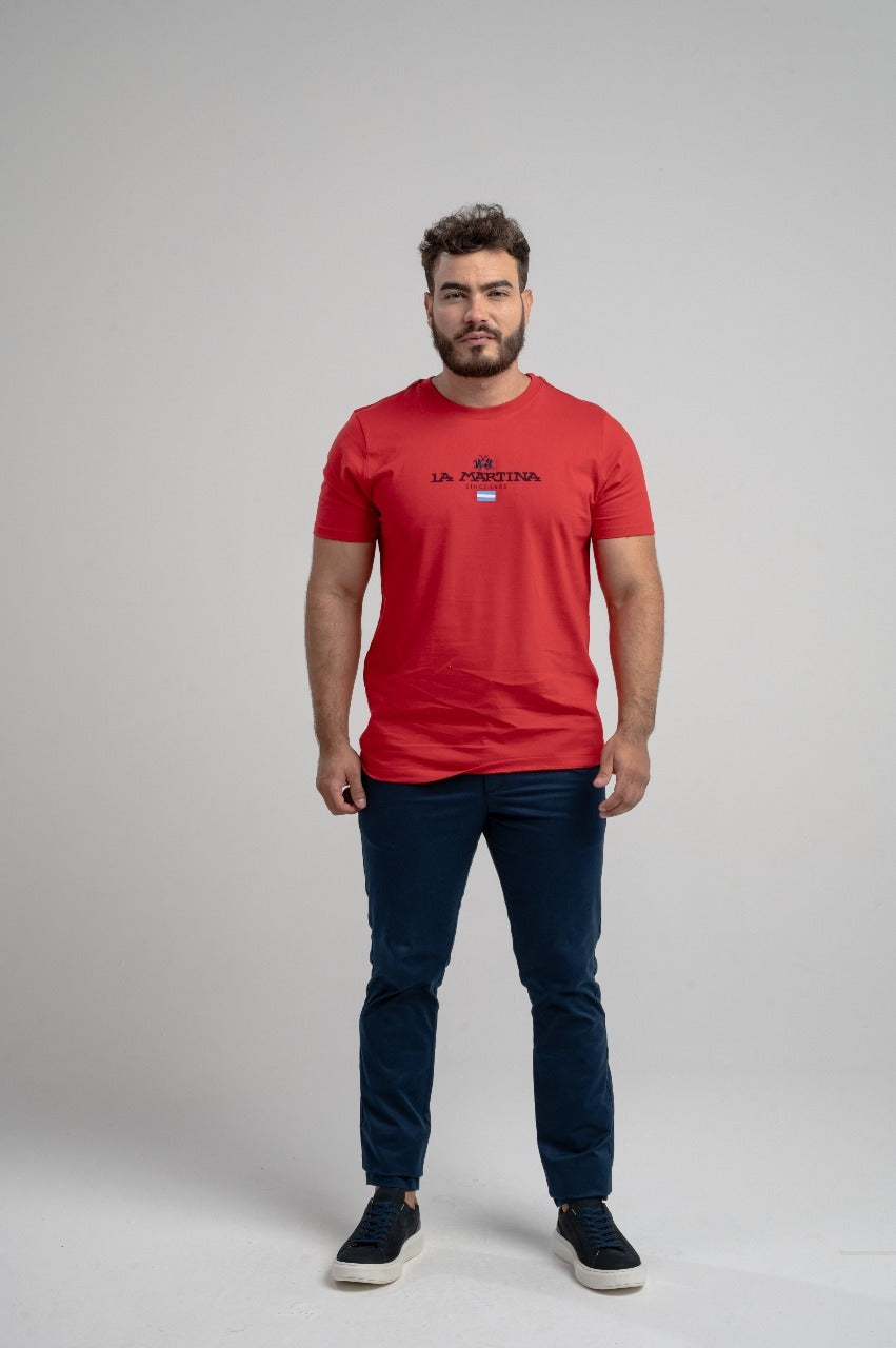 Camiseta Mc Meia Malha Regular Fit C/ Bordado No - Vermelho