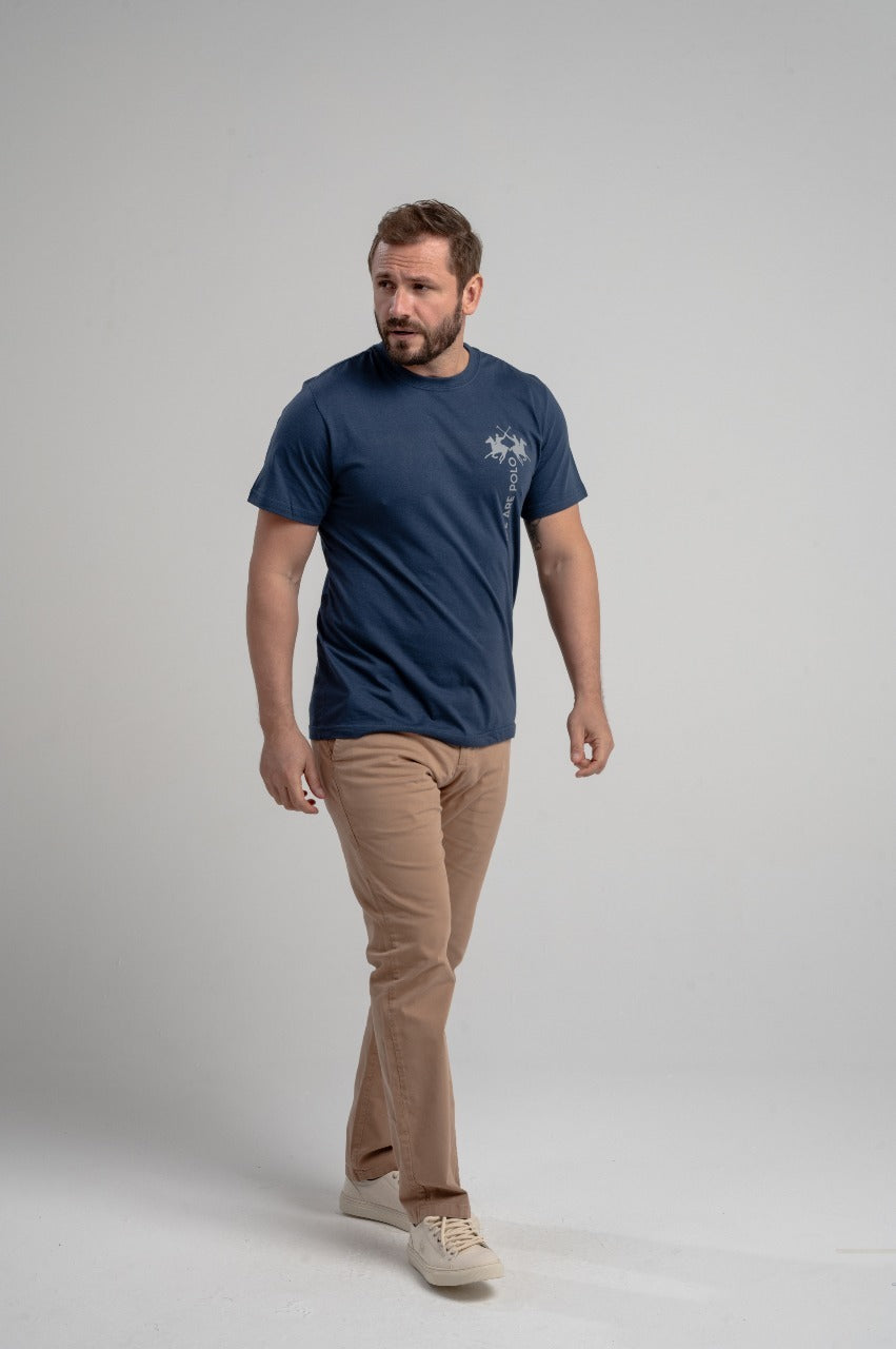 Camiseta Mc Meia Malha Regular Fit Basica Estampa Azul Marinho