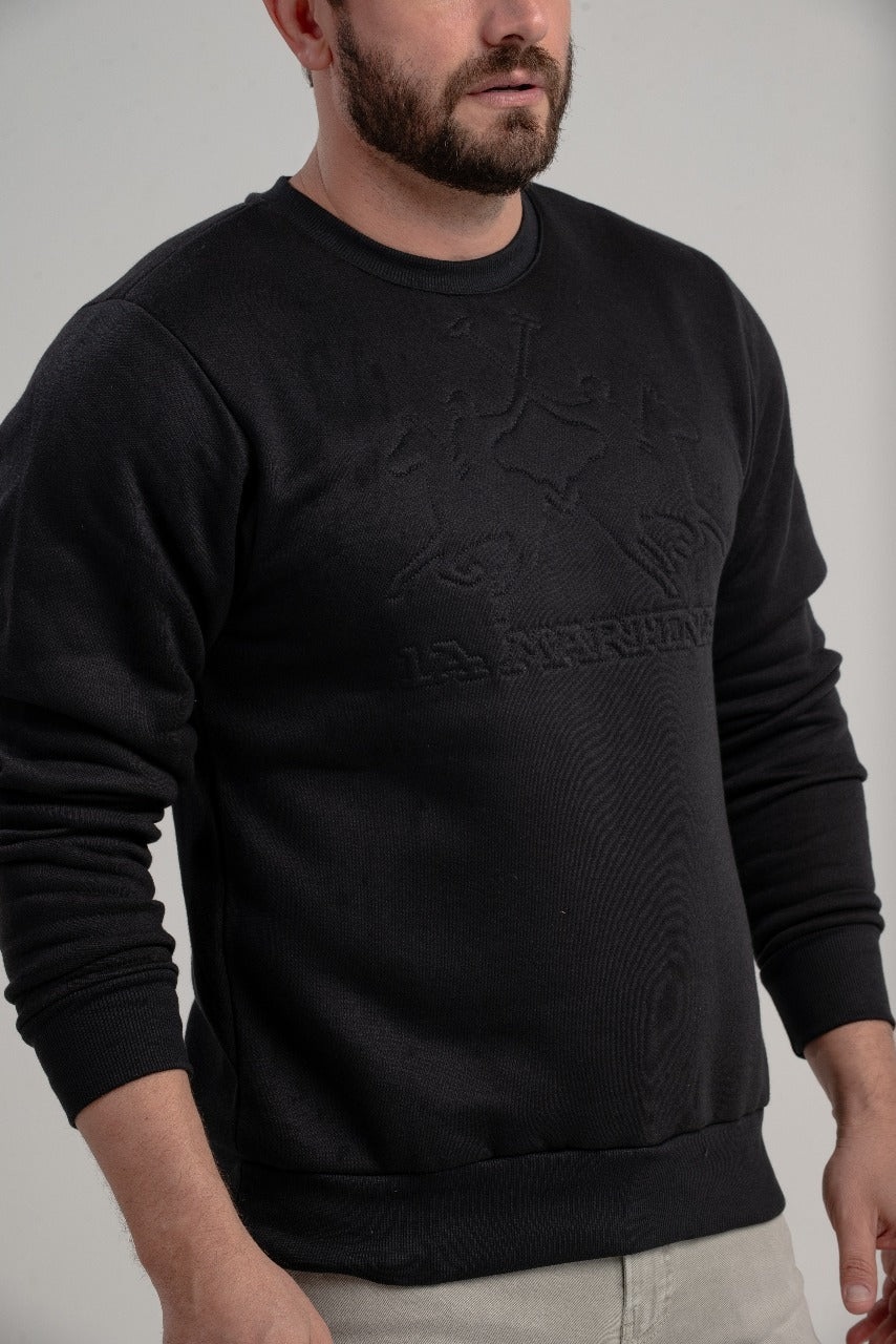 Blusa Moletom Gola Careca Basico Logo Embossed - Preto