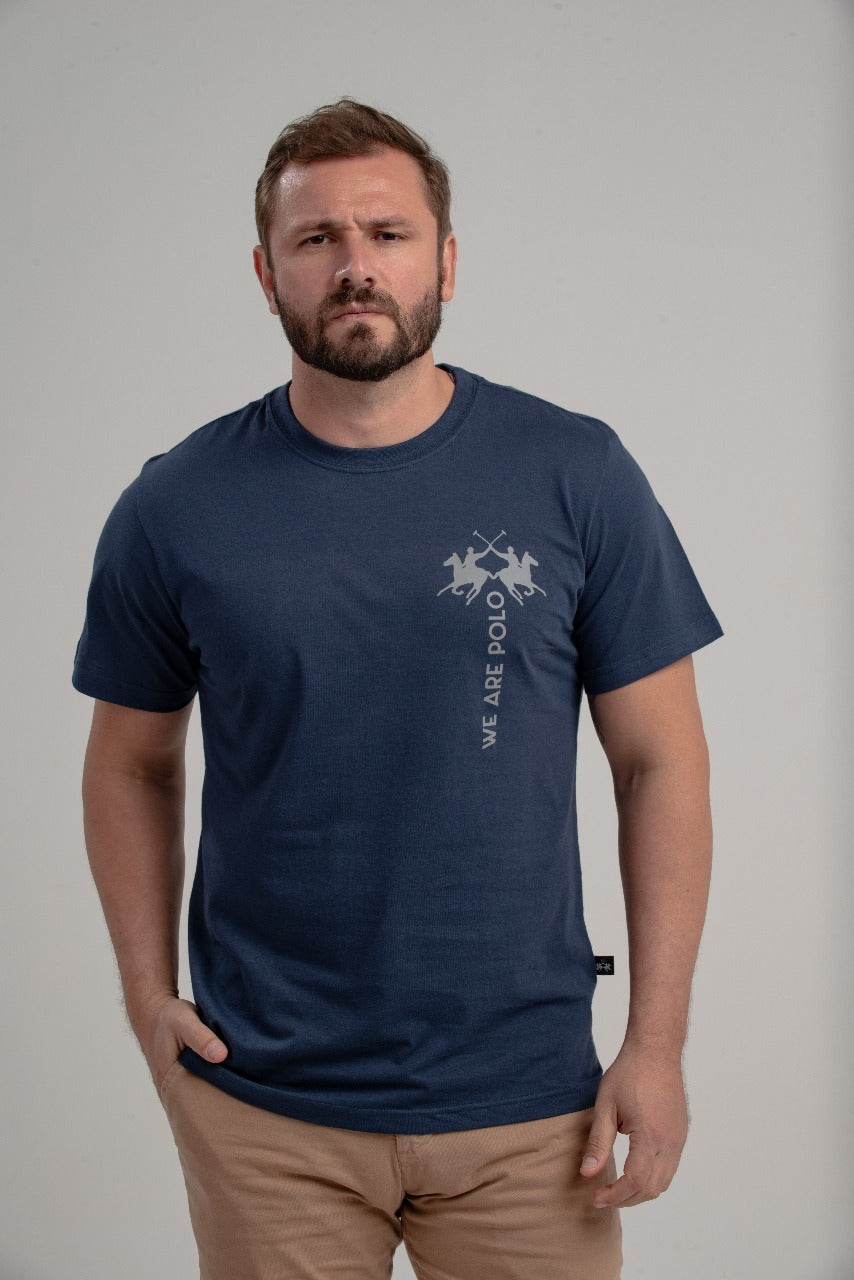 Camiseta Mc Meia Malha Regular Fit Basica Estampa Azul Marinho